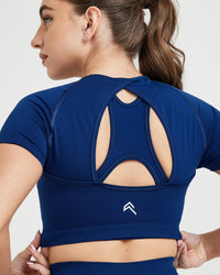 Effortless Seamless Short Sleeve Crop Top with White Logo | Midnight