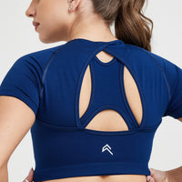 Effortless Seamless Short Sleeve Crop Top with White Logo | Midnight