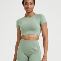 Effortless Seamless Short Sleeve Crop Top with White Logo | Sage