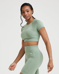 Effortless Seamless Short Sleeve Crop Top with White Logo | Sage