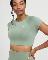 Effortless Seamless Short Sleeve Crop Top with White Logo | Sage