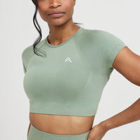 Effortless Seamless Short Sleeve Crop Top with White Logo | Sage