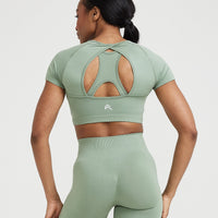 Effortless Seamless Short Sleeve Crop Top with White Logo | Sage