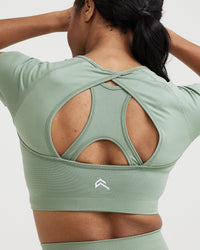 Effortless Seamless Short Sleeve Crop Top with White Logo | Sage