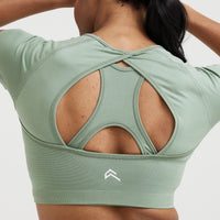 Effortless Seamless Short Sleeve Crop Top with White Logo | Sage