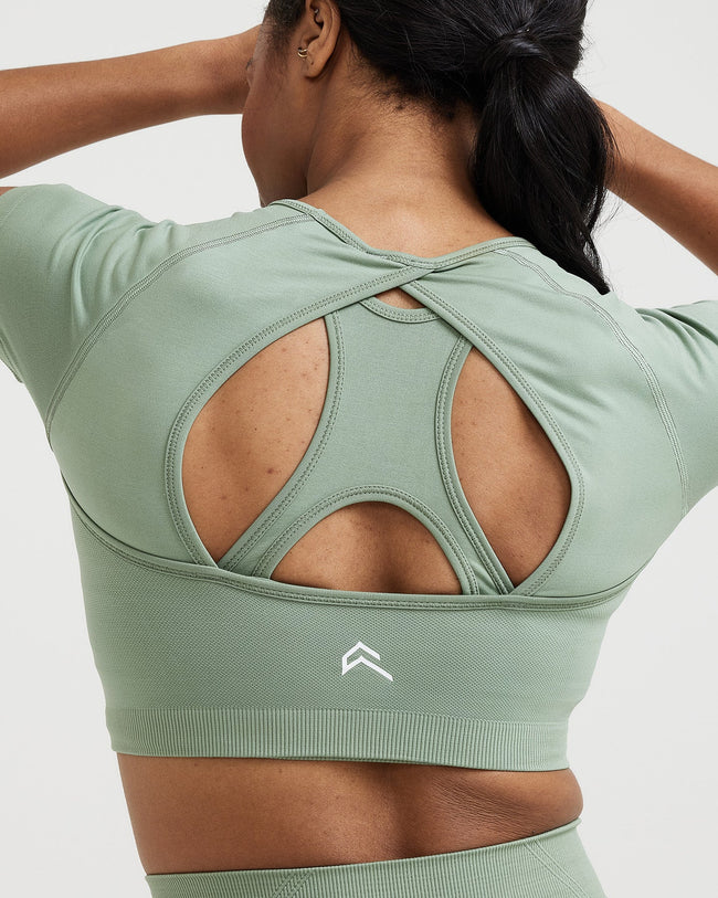 Effortless Seamless Short Sleeve Crop Top with White Logo | Sage