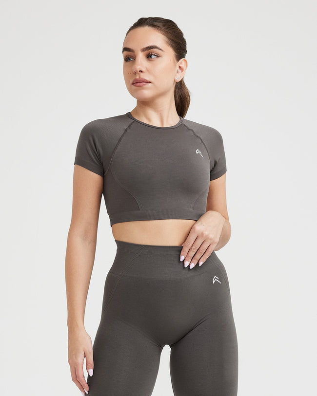 Effortless Seamless Short Sleeve Crop Top with White Logo | Deep Taupe