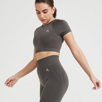 Effortless Seamless Short Sleeve Crop Top with White Logo | Deep Taupe