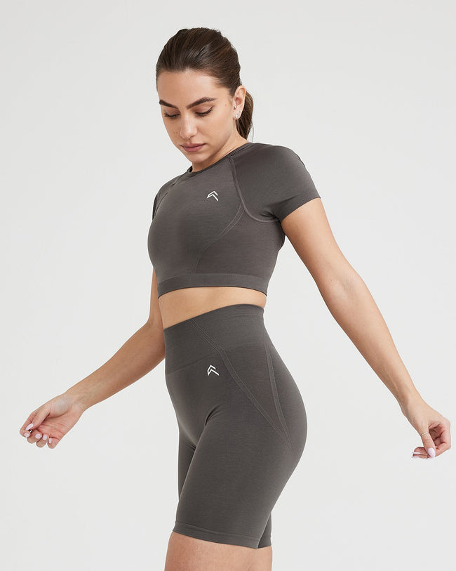 Effortless Seamless Short Sleeve Crop Top with White Logo | Deep Taupe