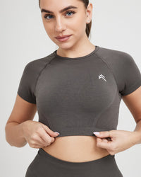 Effortless Seamless Short Sleeve Crop Top with White Logo | Deep Taupe