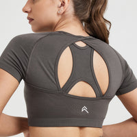 Effortless Seamless Short Sleeve Crop Top with White Logo | Deep Taupe