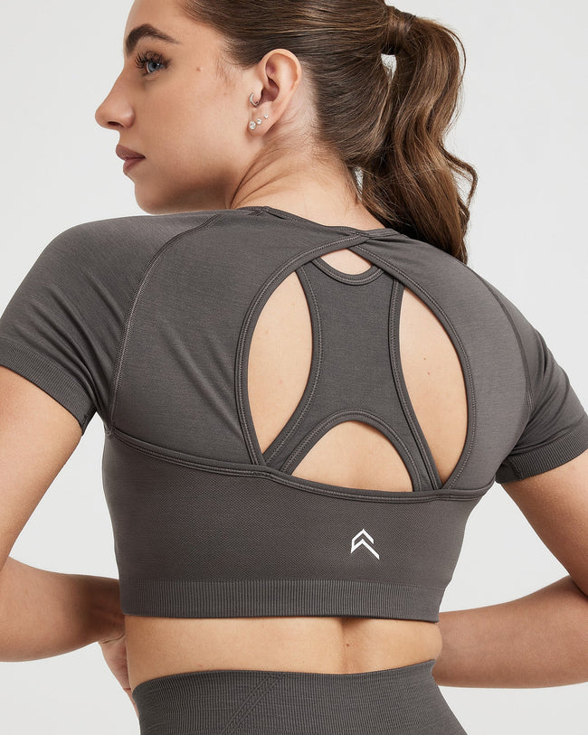 Effortless Seamless Short Sleeve Crop Top with White Logo | Deep Taupe