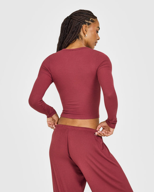 At Home Night Button Down Long Sleeve Top | Burnt Maroon Red