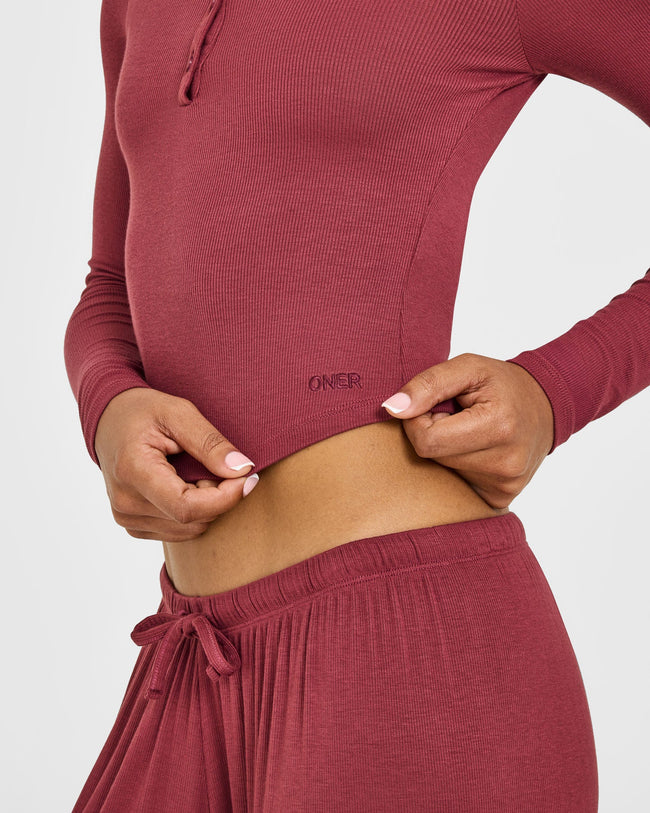 At Home Night Button Down Long Sleeve Top | Burnt Maroon Red