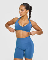 EffortlessLift™ Seamless Halter Neck Sports Bra with White Logo | Ocean Blue