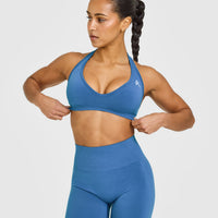 EffortlessLift™ Seamless Halter Neck Sports Bra with White Logo | Ocean Blue