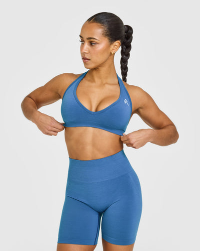 EffortlessLift™ Seamless Halter Neck Sports Bra with White Logo | Ocean Blue