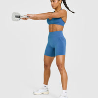 EffortlessLift™ Seamless Halter Neck Sports Bra with White Logo | Ocean Blue