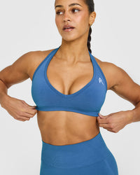EffortlessLift™ Seamless Halter Neck Sports Bra with White Logo | Ocean Blue