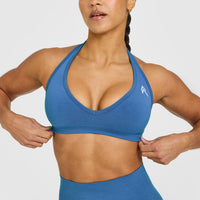 EffortlessLift™ Seamless Halter Neck Sports Bra with White Logo | Ocean Blue