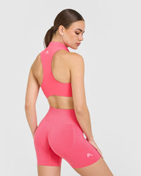 EasyLift™ Zip High Neck Sports Bra with White Logo | Hot Girl Pink