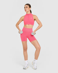 EasyLift™ Zip High Neck Sports Bra with White Logo | Hot Girl Pink