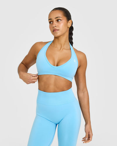 EffortlessLift™ Seamless Halter Neck Sports Bra with White Logo | Arctic Blue
