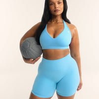 EffortlessLift™ Seamless Halter Neck Sports Bra with White Logo | Arctic Blue