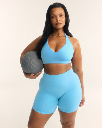 EffortlessLift™ Seamless Halter Neck Sports Bra with White Logo | Arctic Blue
