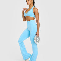 EffortlessLift™ Seamless Halter Neck Sports Bra with White Logo | Arctic Blue