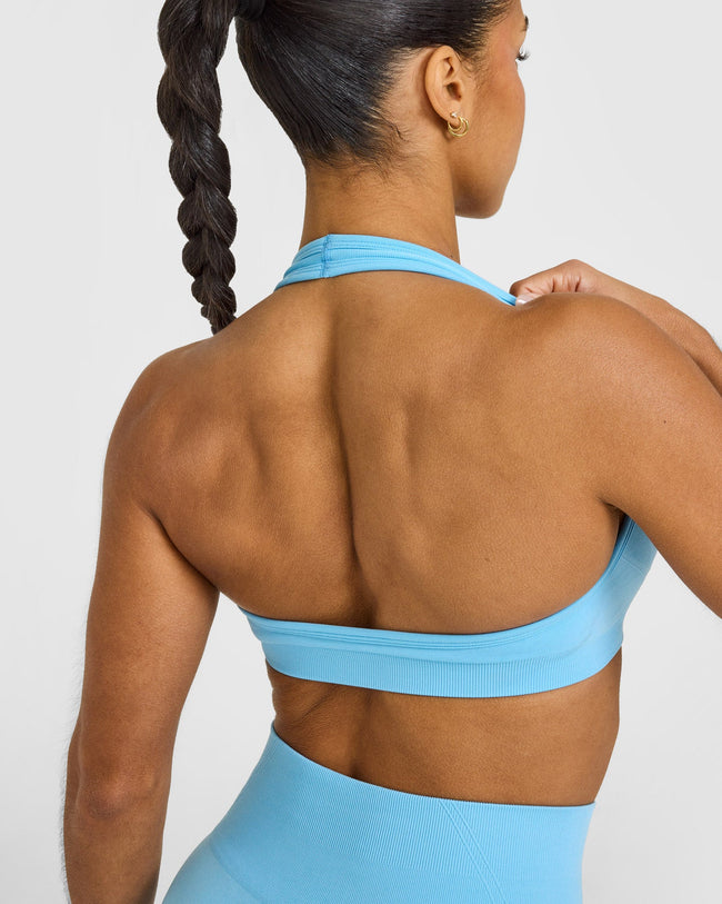 EffortlessLift™ Seamless Halter Neck Sports Bra with White Logo | Arctic Blue