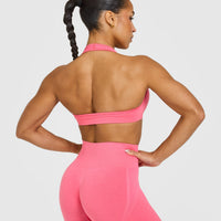 Effortless Seamless Halter Neck Sports Bra with White Logo | Hot Girl Pink