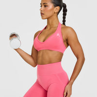 Effortless Seamless Halter Neck Sports Bra with White Logo | Hot Girl Pink