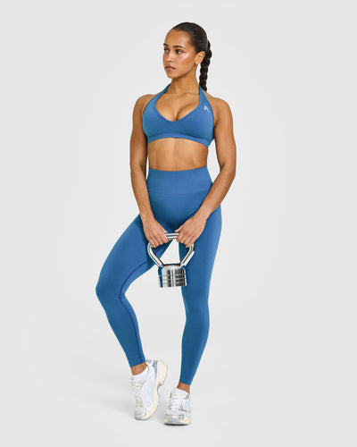 EffortlessLift™ Seamless Leggings with White Logo | Ocean Blue