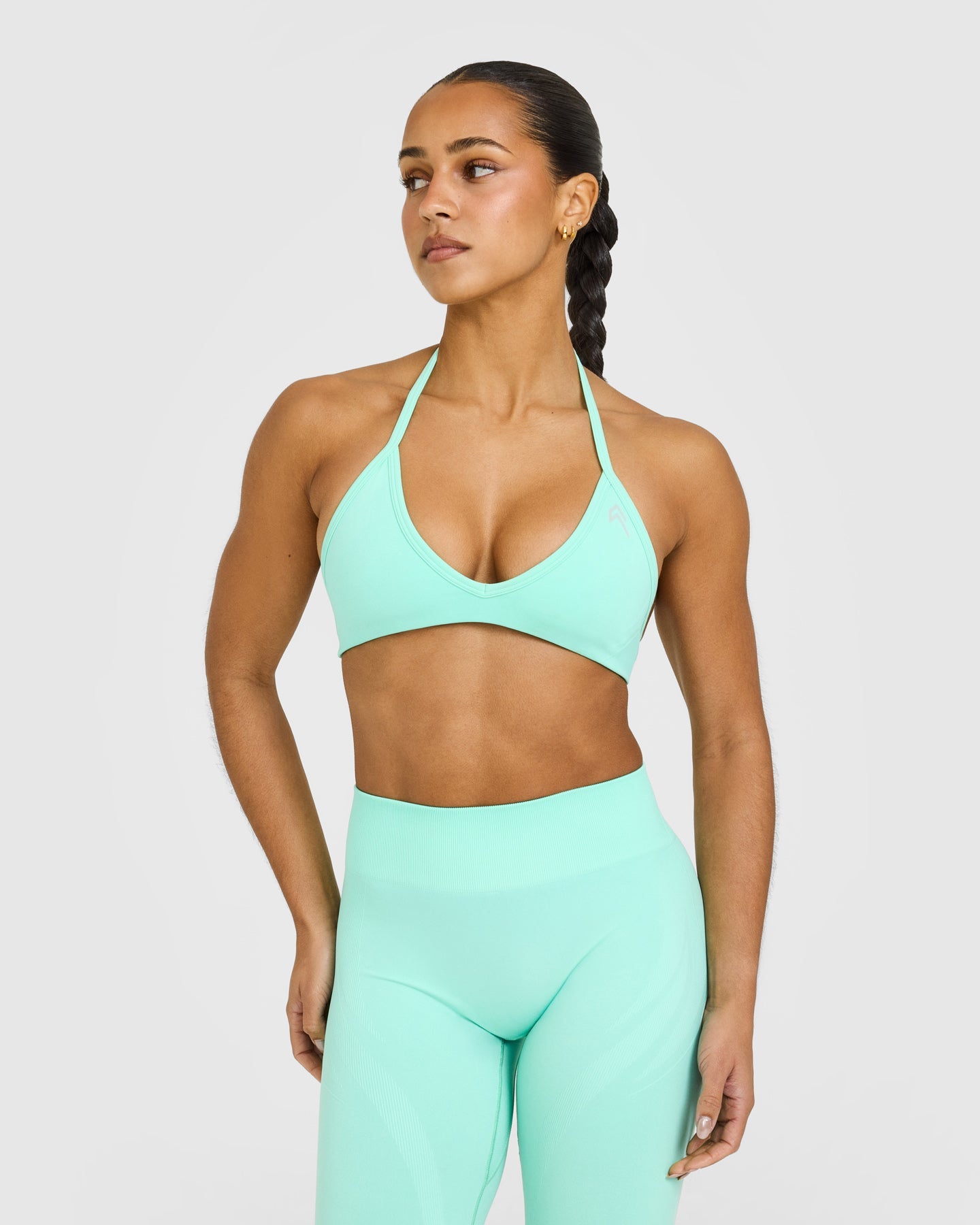 EnhanceLift™ Seamless Minimal Halter Neck Bralette with White Logo | Peppermint Green