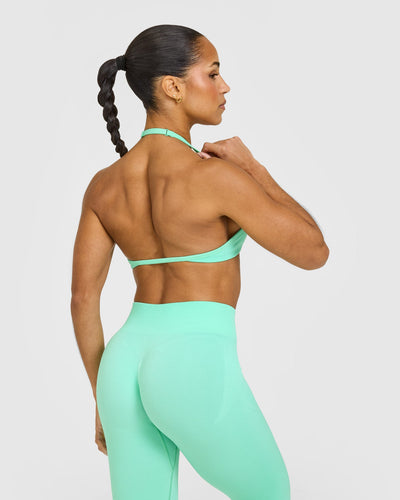 EnhanceLift™ Seamless Minimal Halter Neck Bralette with White Logo | Peppermint Green