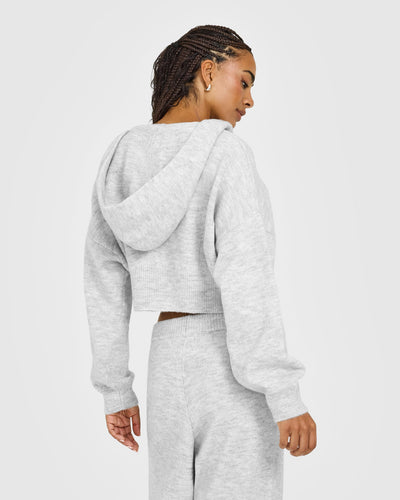 Oversized Knit Zip Through Mid Hoodie | Light Grey Marl