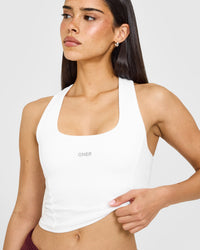 Mellow™ Rib Oner Embroidered Square Neck Mid Vest with Built in Bra Shelf | White