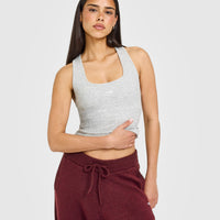 Mellow™ Rib Oner Embroidered Square Neck Vest with Built in Bra Shelf | Light Grey Marl