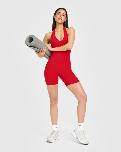 SoftMotion™ Halter Neck All In One Short with White Logo | Fiery Red