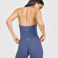 SoftMotion™ Halter Neck Mid Vest with Built in Bra Shelf with White Logo | Slate Blue