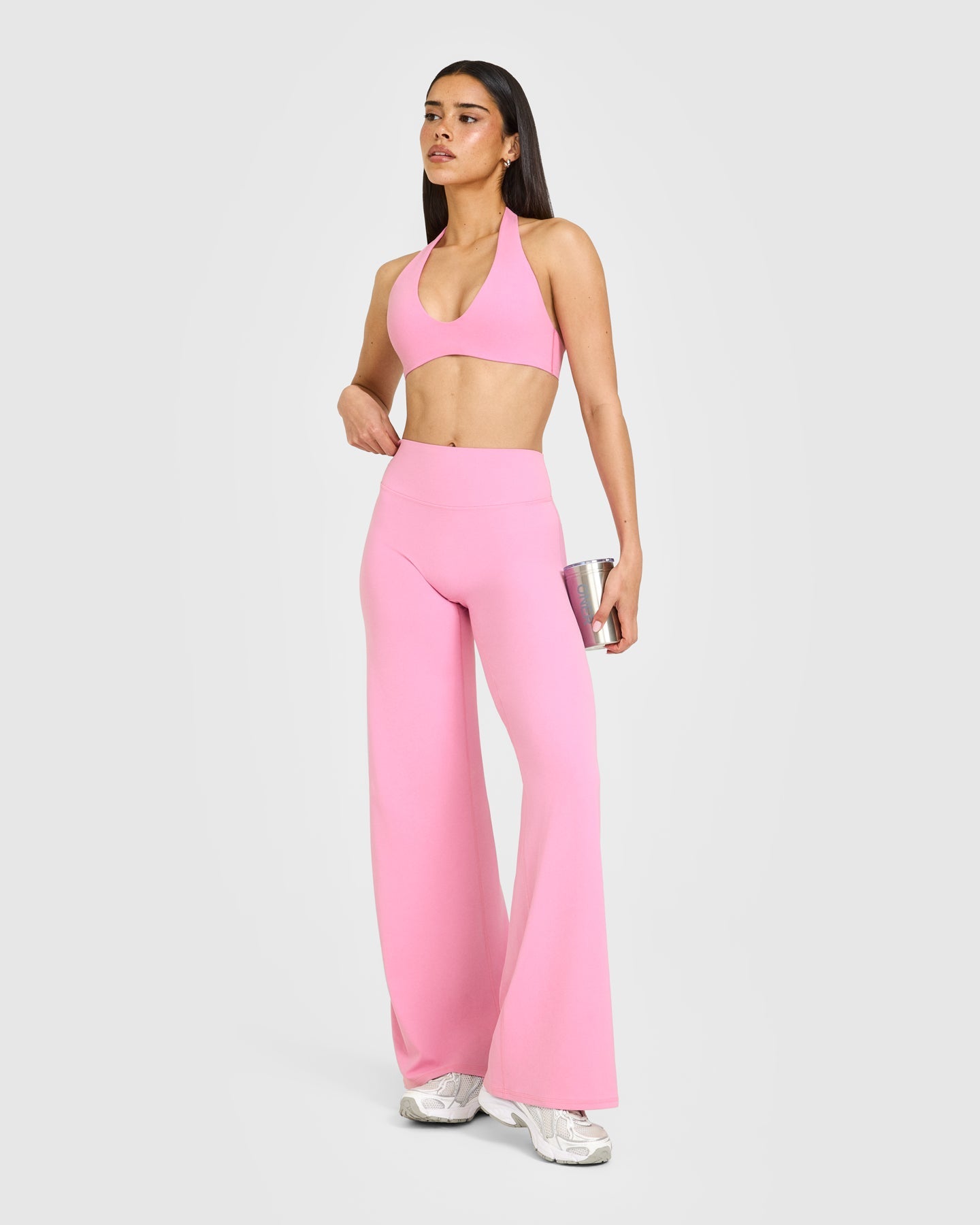 SoftMotion™ Minimal Halter Neck Bralette with White Logo | Rose Pink