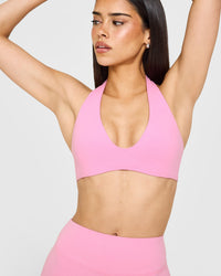SoftMotion™ Minimal Halter Neck Bralette with White Logo | Rose Pink