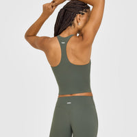 SoftMotion™ Racer Back Mid Vest with Built in Bra Shelf with White Logo | Dark Khaki