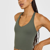 SoftMotion™ Racer Back Mid Vest with Built in Bra Shelf with White Logo | Dark Khaki