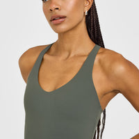 SoftMotion™ Racer Back Vest with Built in Bra Shelf with White Logo | Dark Khaki