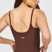 SoftMotion™ Strappy Mid Vest with Built in Bra Shelf with White Logo | Espresso Brown