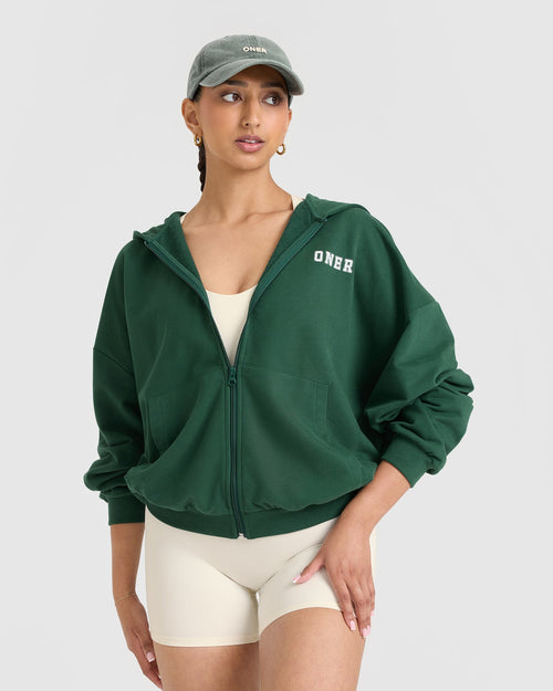 Oner Modal Lightweight Zip Through Hoodie with Printed Logo | Racing Green