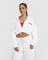 Raw Lounge Crop Zip Through Hoodie with Graphic | White