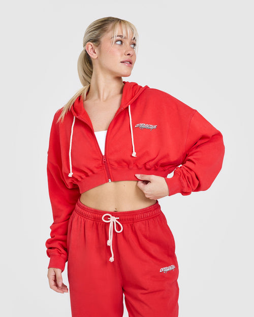 Oner Modal Raw Lounge Crop Zip Through Hoodie with Graphic | Muscle Mommy Red